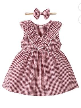 Shein Girls Red Gingham Ruffle V-Neck Dress with Bow Headband | 6-9 Months